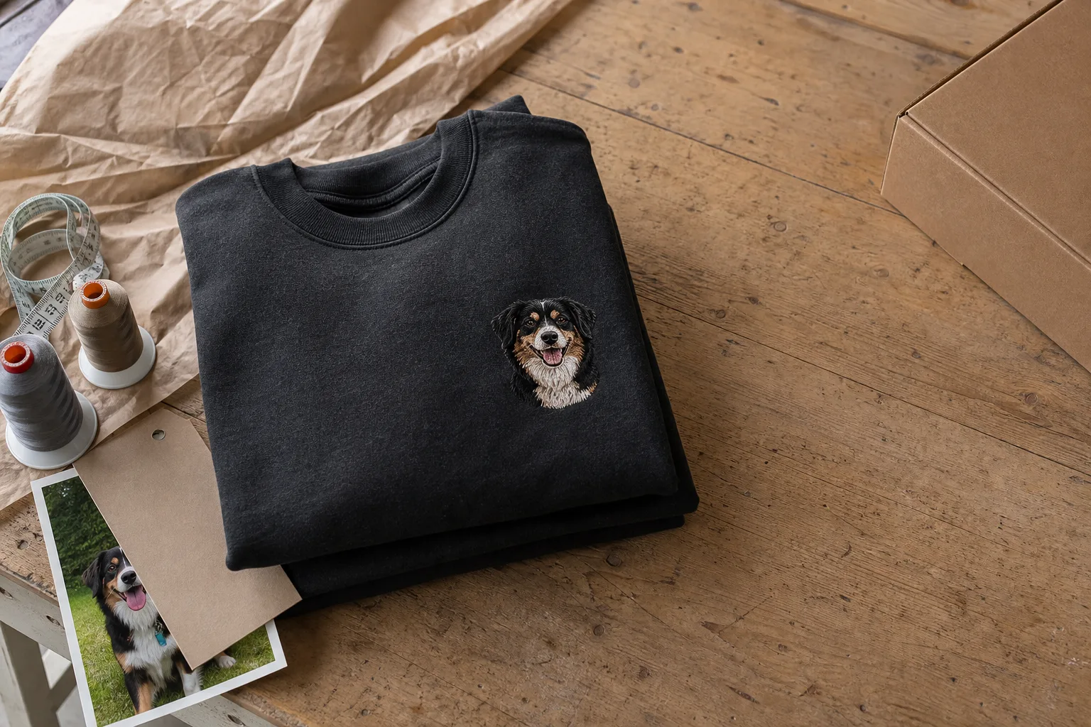 Custom embroidered pet portrait garment on a production worktable