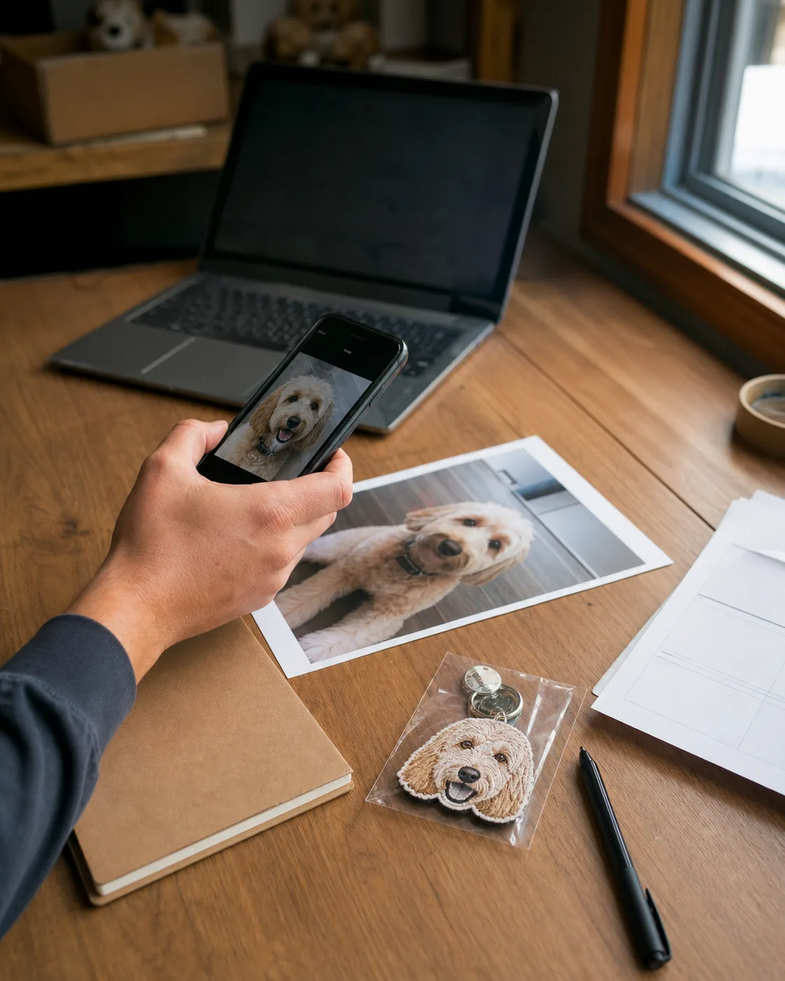 Customer support desk reviewing a pet photo for a custom order