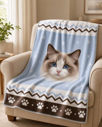 Illustrative Winter Snowflake custom pet photo flannel blanket in a living room