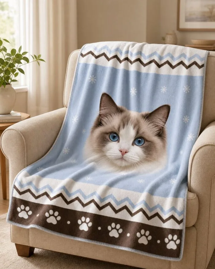 01-winter-snowflake-hero.jpg Illustrative Winter Snowflake custom pet photo flannel blanket in a living room