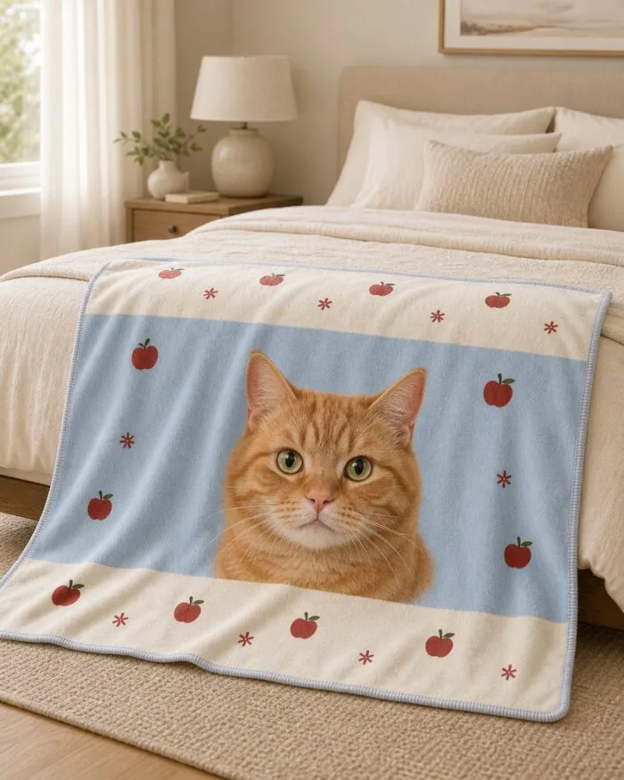 02-apple-hearts.jpg Illustrative Apple Hearts custom pet photo flannel blanket in a bedroom