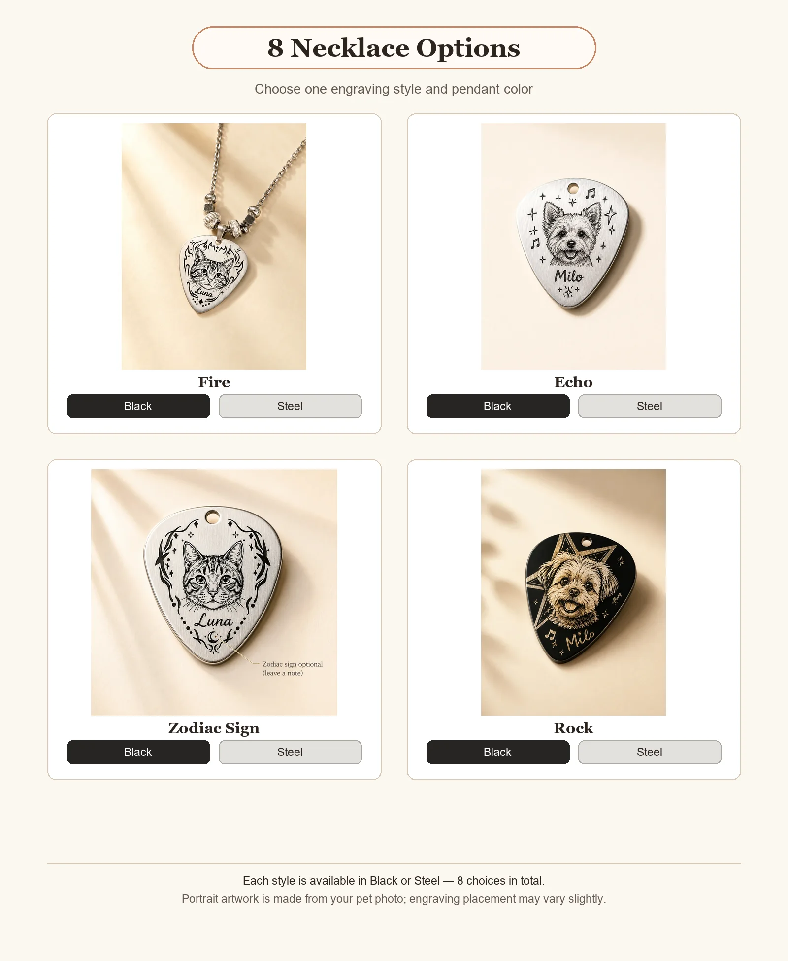 Four personalized pet portrait pick necklace engraving styles with Black and Steel pendant choices