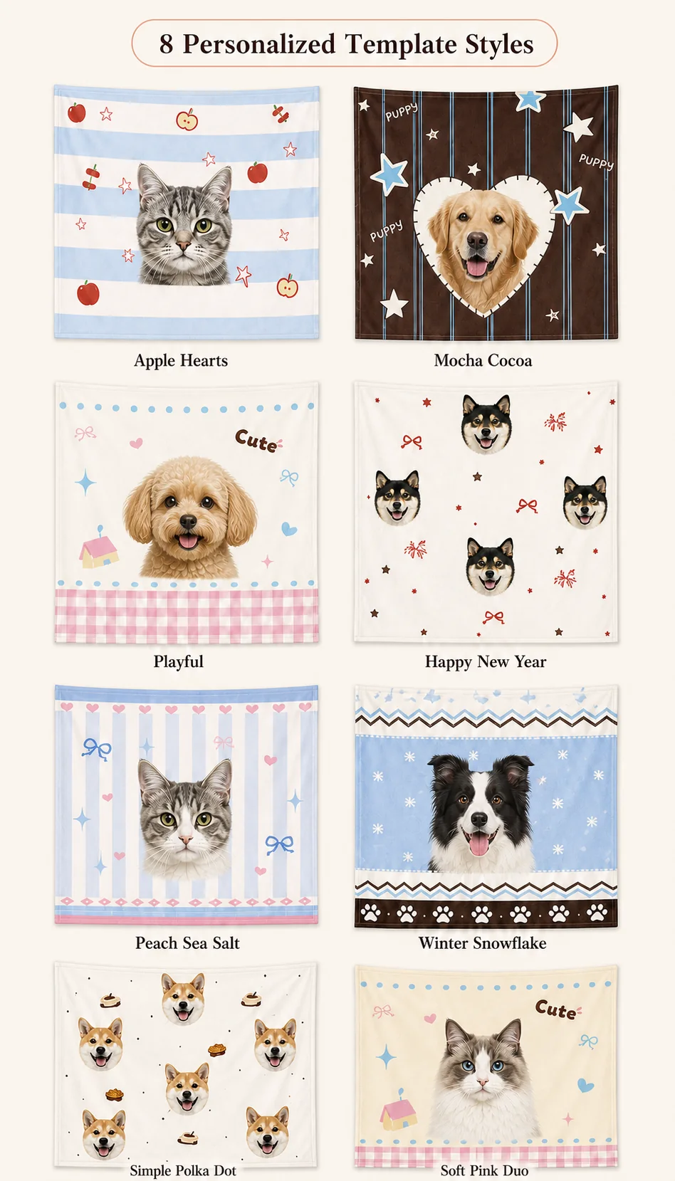 Eight personalized pet blanket template styles with generic cat and dog portrait examples