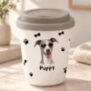 Custom pet ceramic cup with a personalized pet portrait and removable lid.