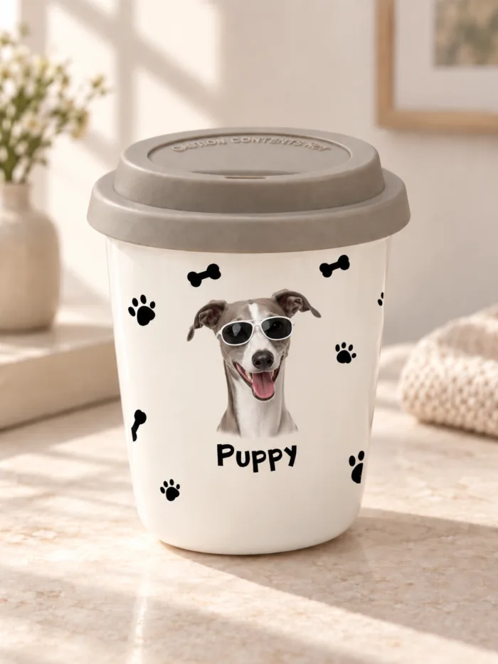 Custom pet ceramic cup with a personalized pet portrait and removable lid.