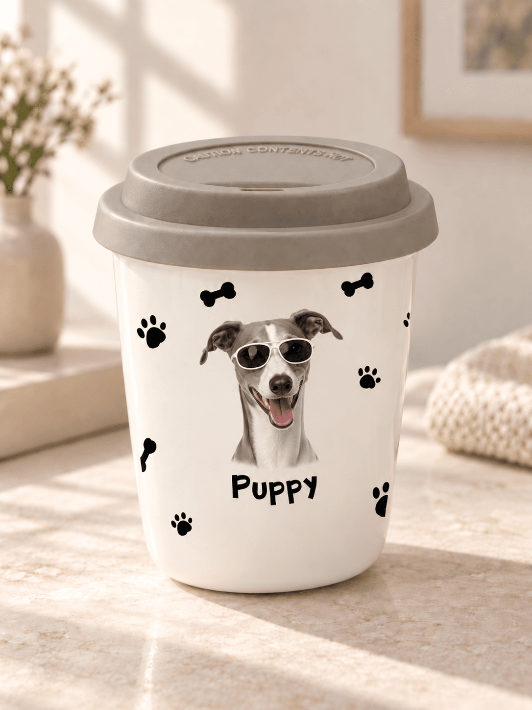 Custom pet ceramic cup with a personalized pet portrait and removable lid.