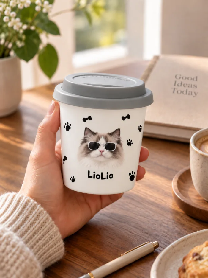 Personalized pet ceramic cup being held at a warm neutral desk.