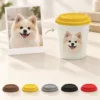 Pet photo transformed into a custom ceramic cup with five available lid colors.