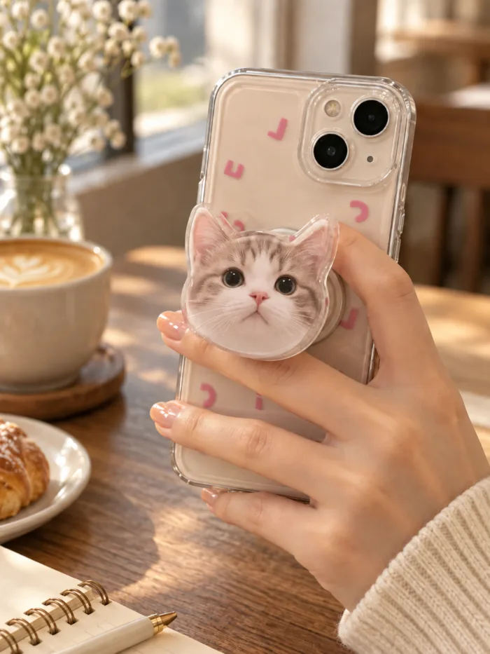 Personalized pet phone grip being used naturally while holding a smartphone.