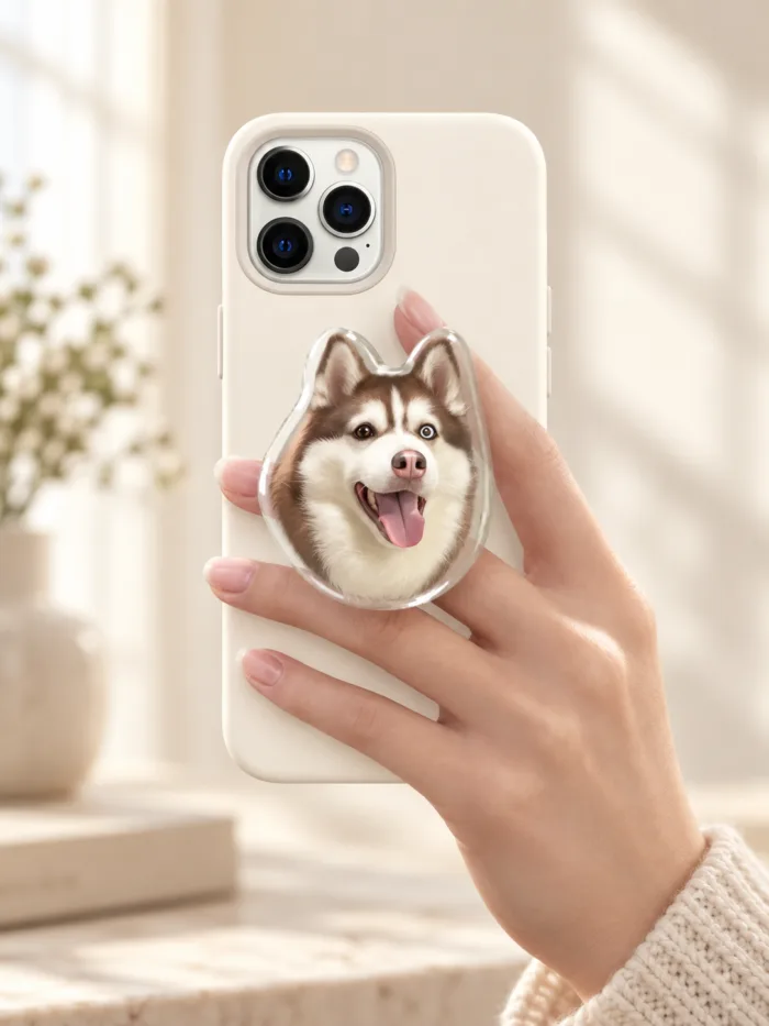 Custom pet photo phone grip featuring one personalized pet portrait on a phone.
