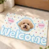 Custom pet photo doormat featuring one pet in a warm neutral home entryway.
