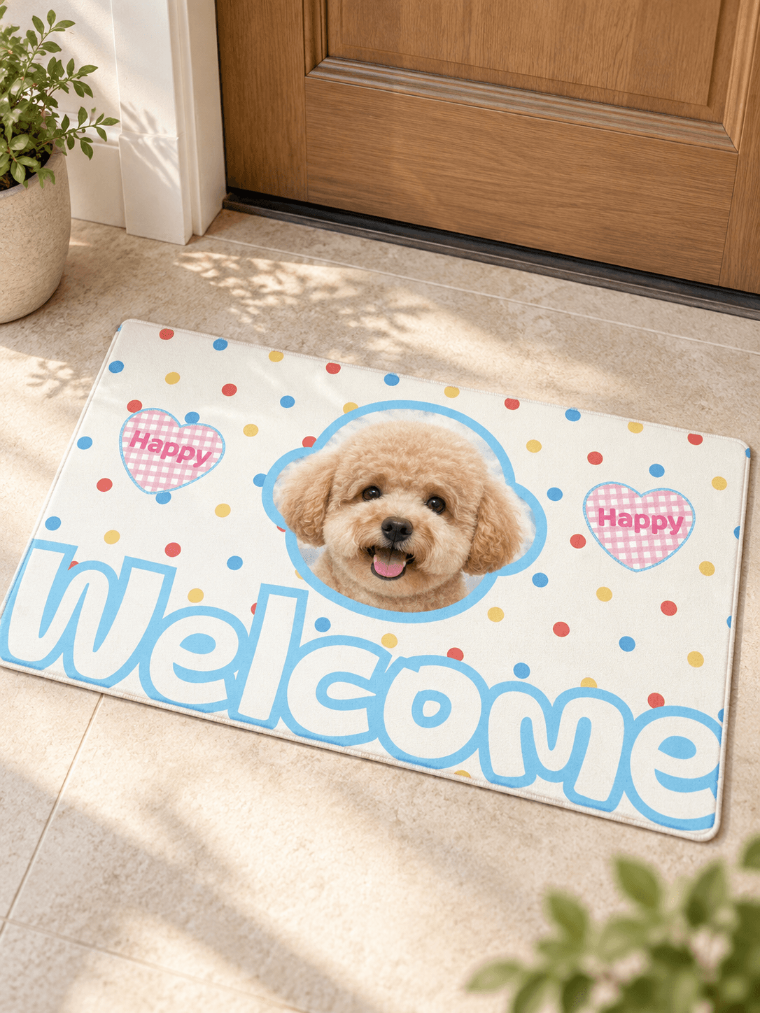 Custom pet photo doormat featuring one pet in a warm neutral home entryway.