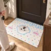 Personalized pet photo doormat inside a warm modern residential entryway.