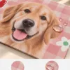 Close-up of the PVC faux-leather surface and custom pet print on a personalized doormat.