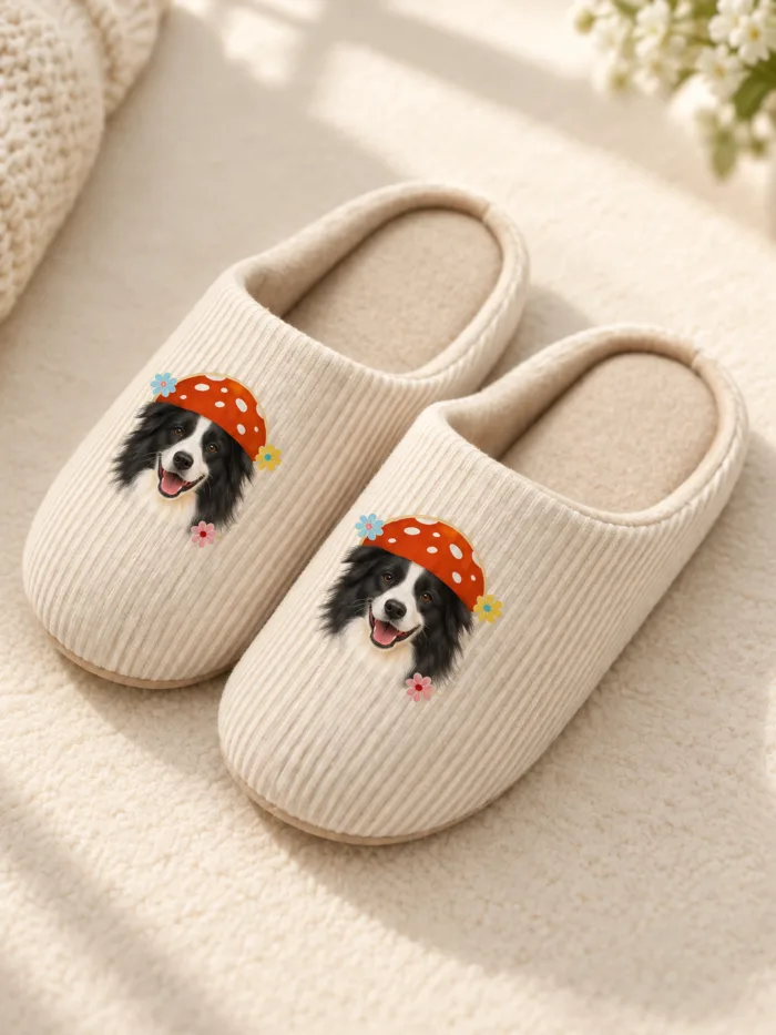 Custom pet photo slippers featuring a personalized pet portrait.