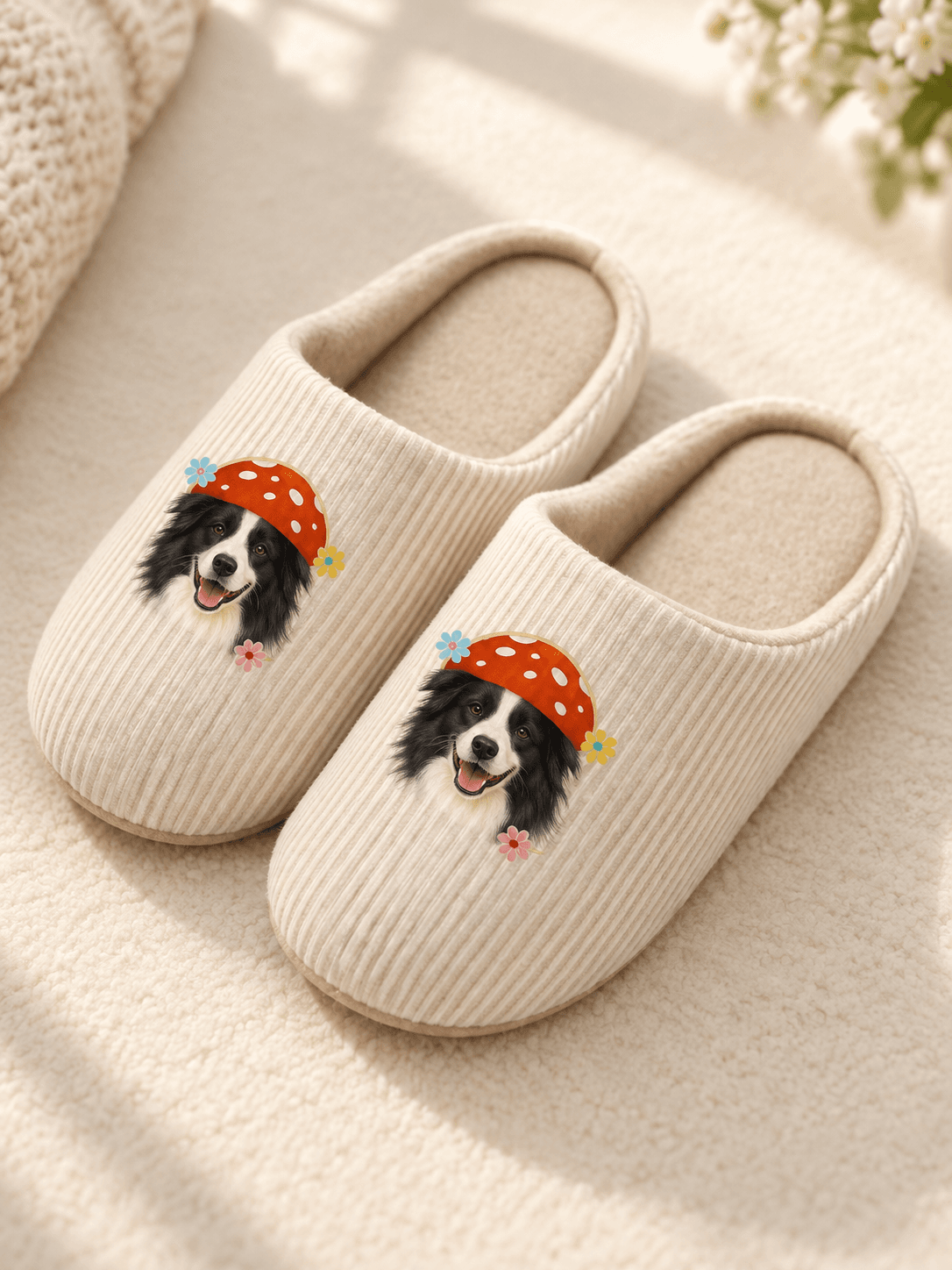 Custom pet photo slippers featuring a personalized pet portrait.