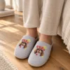 Personalized pet photo slippers worn naturally in a warm home setting.
