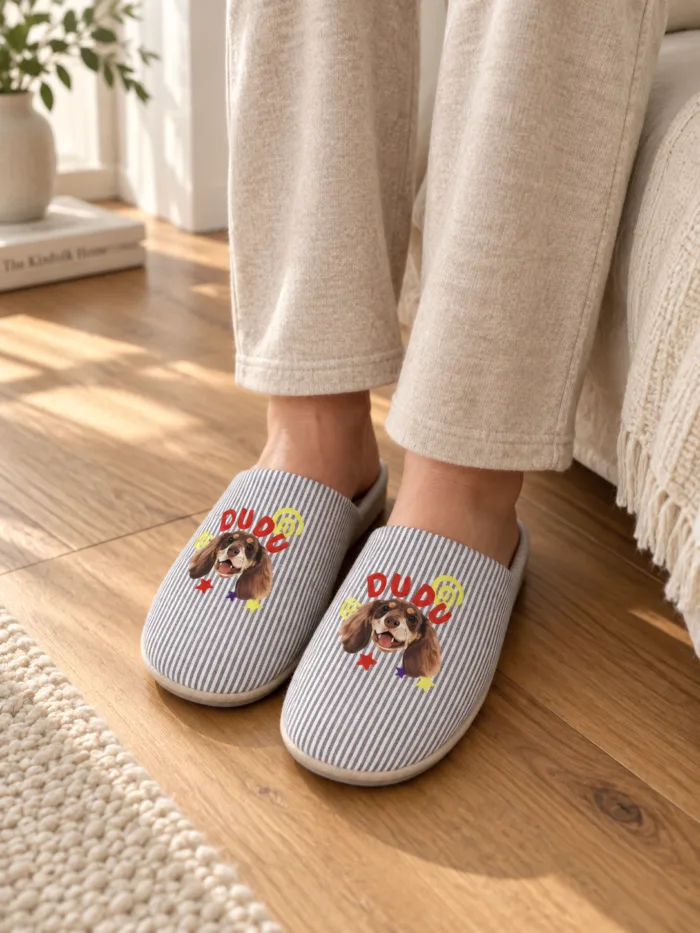 Personalized pet photo slippers worn naturally in a warm home setting.