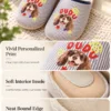Close-up of the personalized print, interior and edge detail on custom pet slippers.